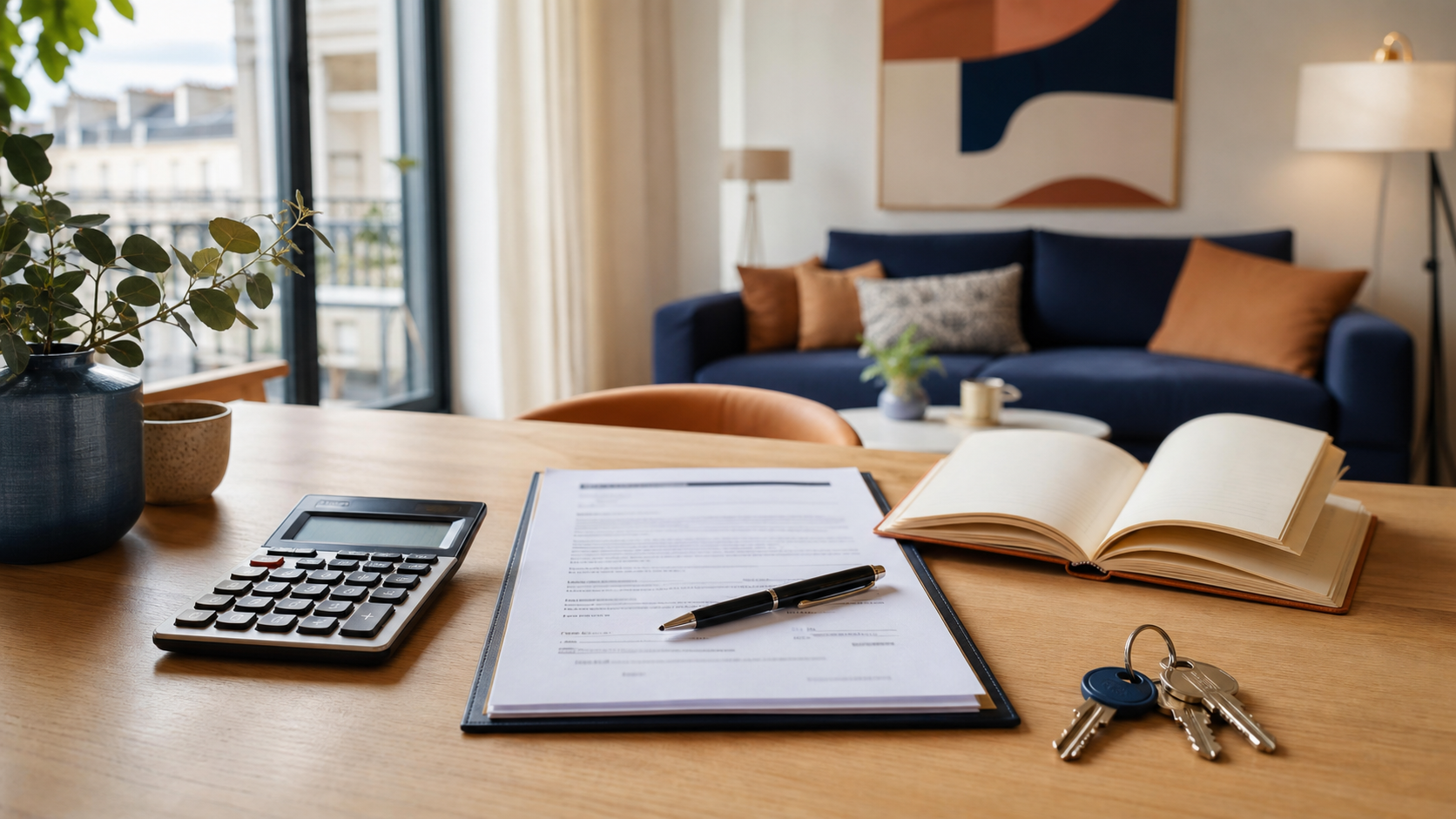 Bail de location, calculatrice et clés sur une table pour illustrer le budget loyer
