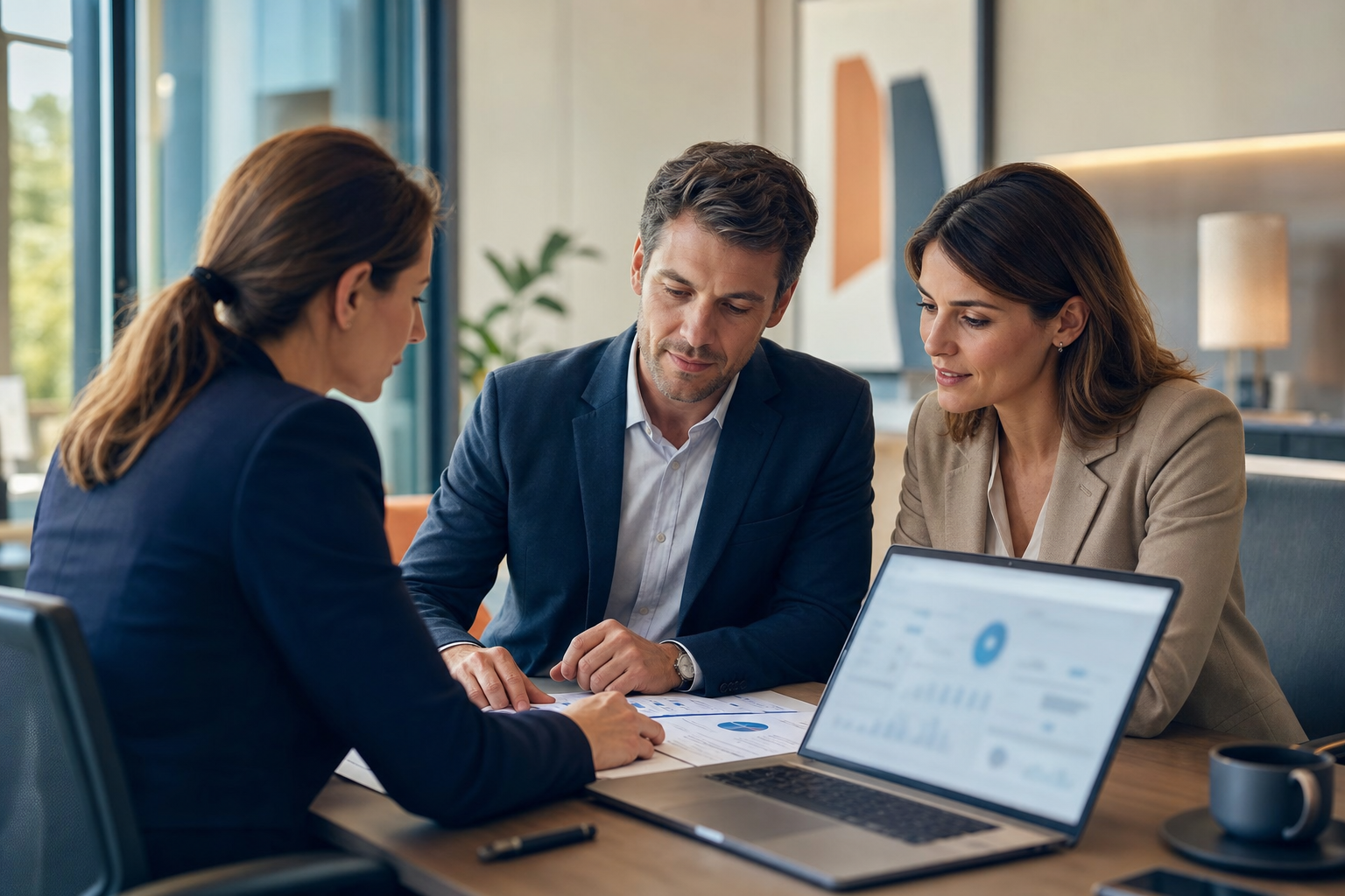 Couple et conseillere etudiant un dossier de credit immobilier sur ordinateur dans une agence bancaire moderne.
