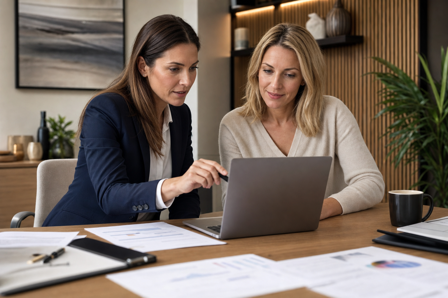 Conseiller financier analysant un contrat d’assurance-vie en ligne avec une épargnante dans un bureau lumineux.