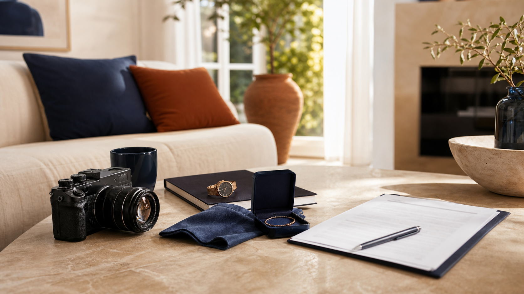 Objets de valeur sur une table avec un contrat d’assurance habitation dans un salon lumineux