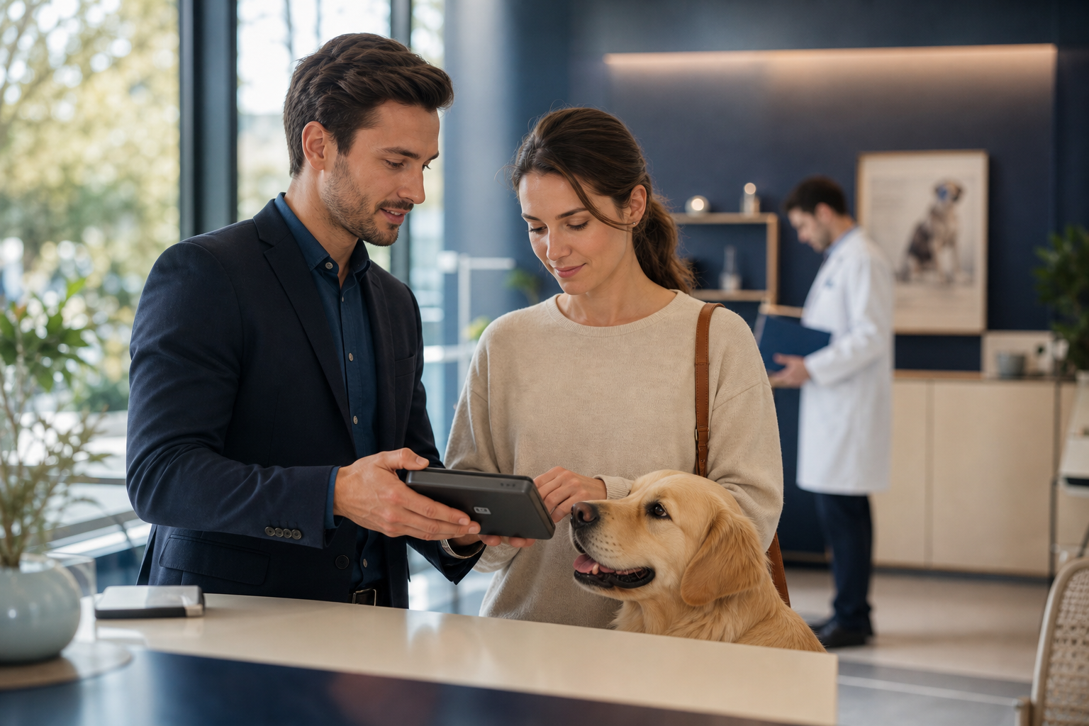 Conseiller en assurance animale et propriétaire de chien examinant un paiement vétérinaire dans une clinique moderne.