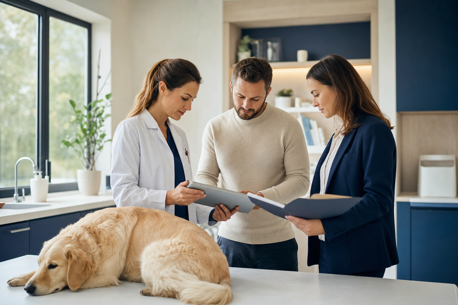 Vétérinaire et conseiller assurance analysant un dossier de santé animale dans une clinique moderne.