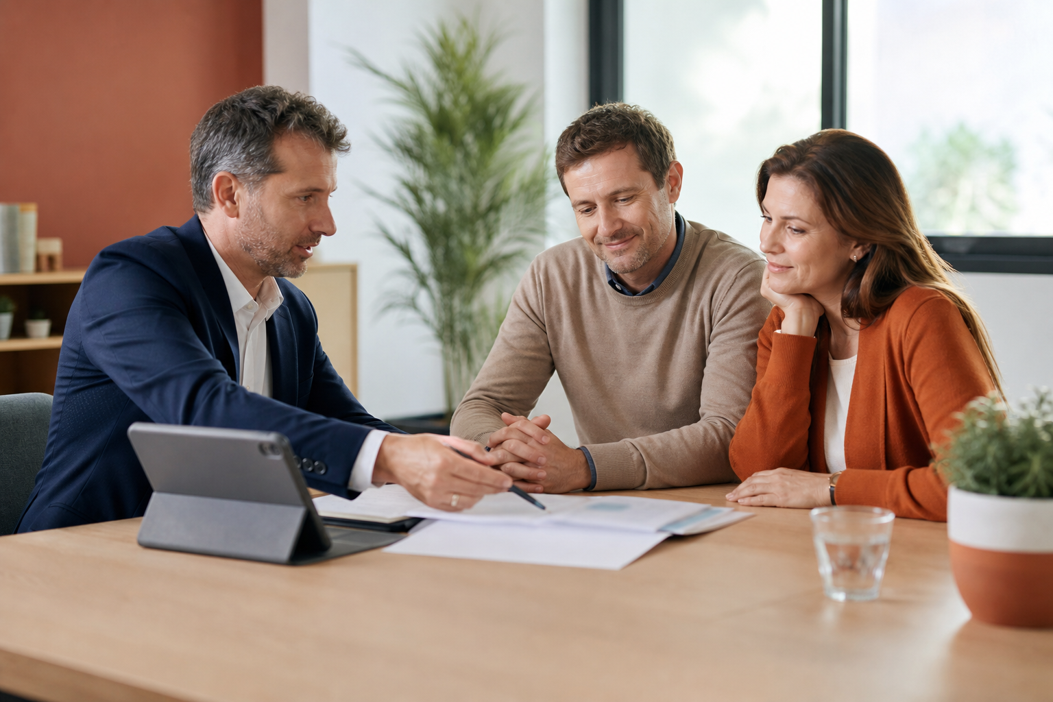 Conseiller assurance expliquant une garantie accidents de la vie à un couple dans un bureau lumineux.