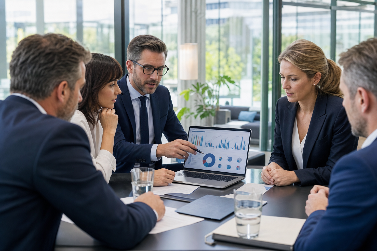 Conseillers finance pro analysant un tableau de bord comptable et crédit
