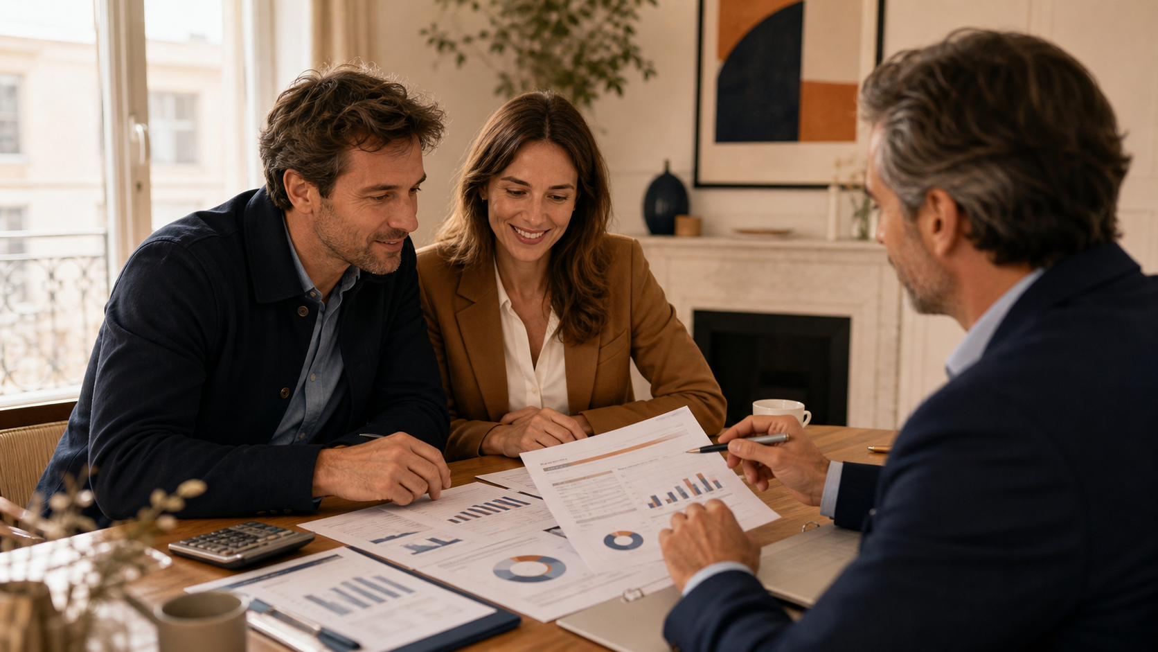 Emprunteurs examinant un crédit immobilier à renégocier avec des documents de financement.