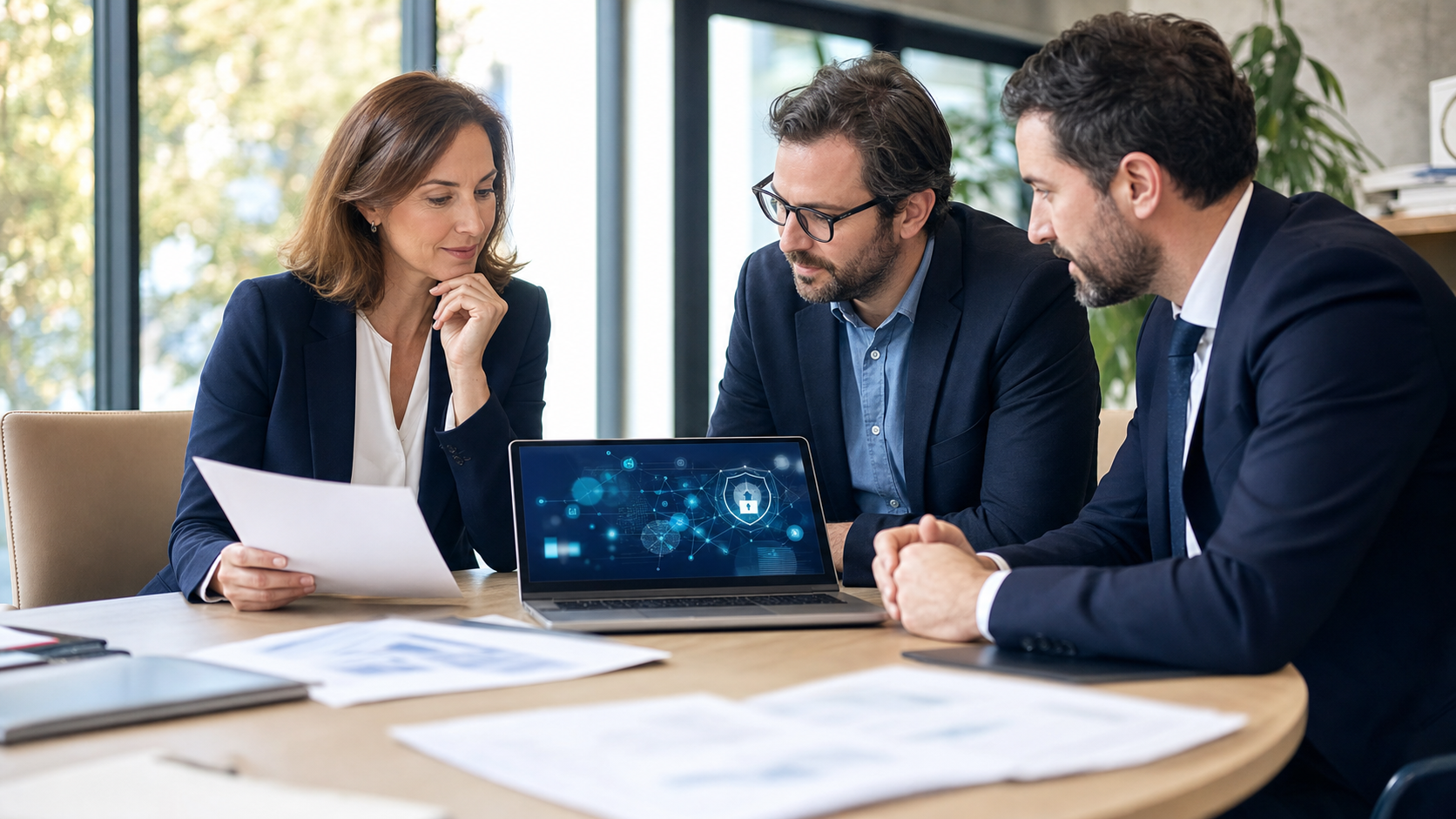 Dirigeants et courtier analysant les garanties cyber et IA d’une entreprise.