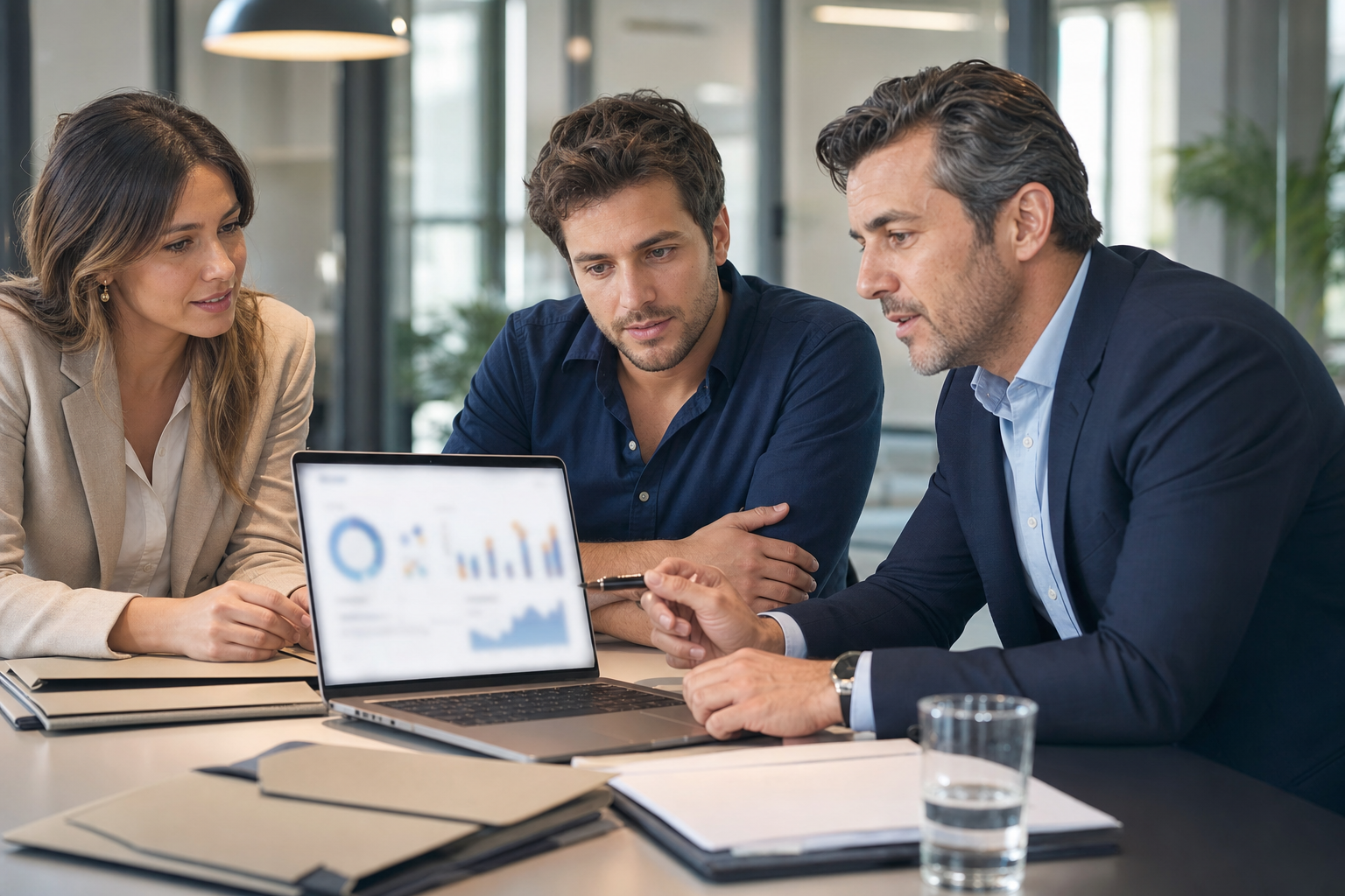 Dirigeants de startup analysant trésorerie, financement et assurances dans un bureau lumineux.