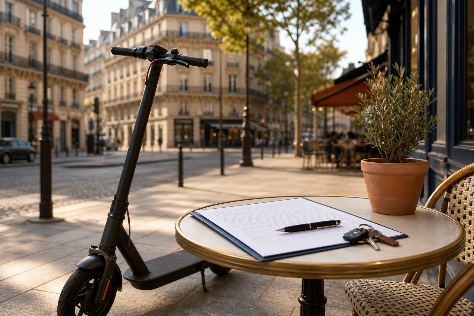 Trottinette électrique près de documents d’assurance dans un cadre urbain rassurant