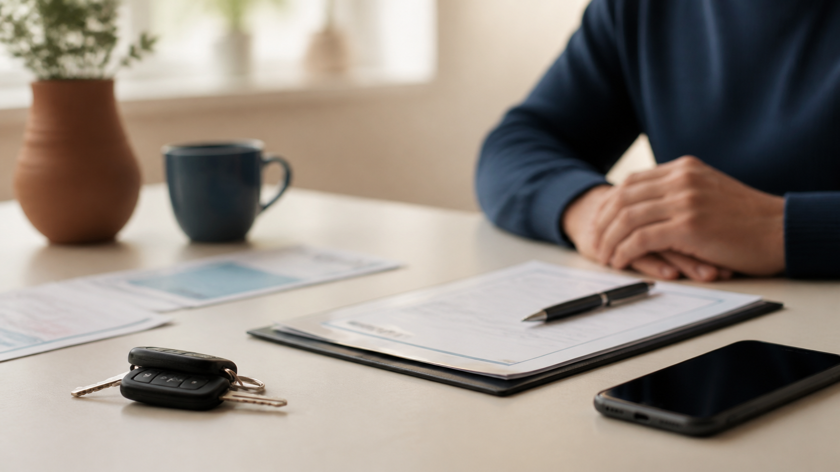 Conducteur consultant un constat amiable et un contrat d’assurance auto après un accrochage responsable.