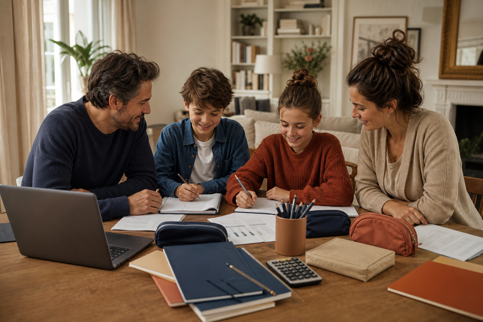 Famille préparant le budget de rentrée scolaire avec documents d’assurance et calculatrice