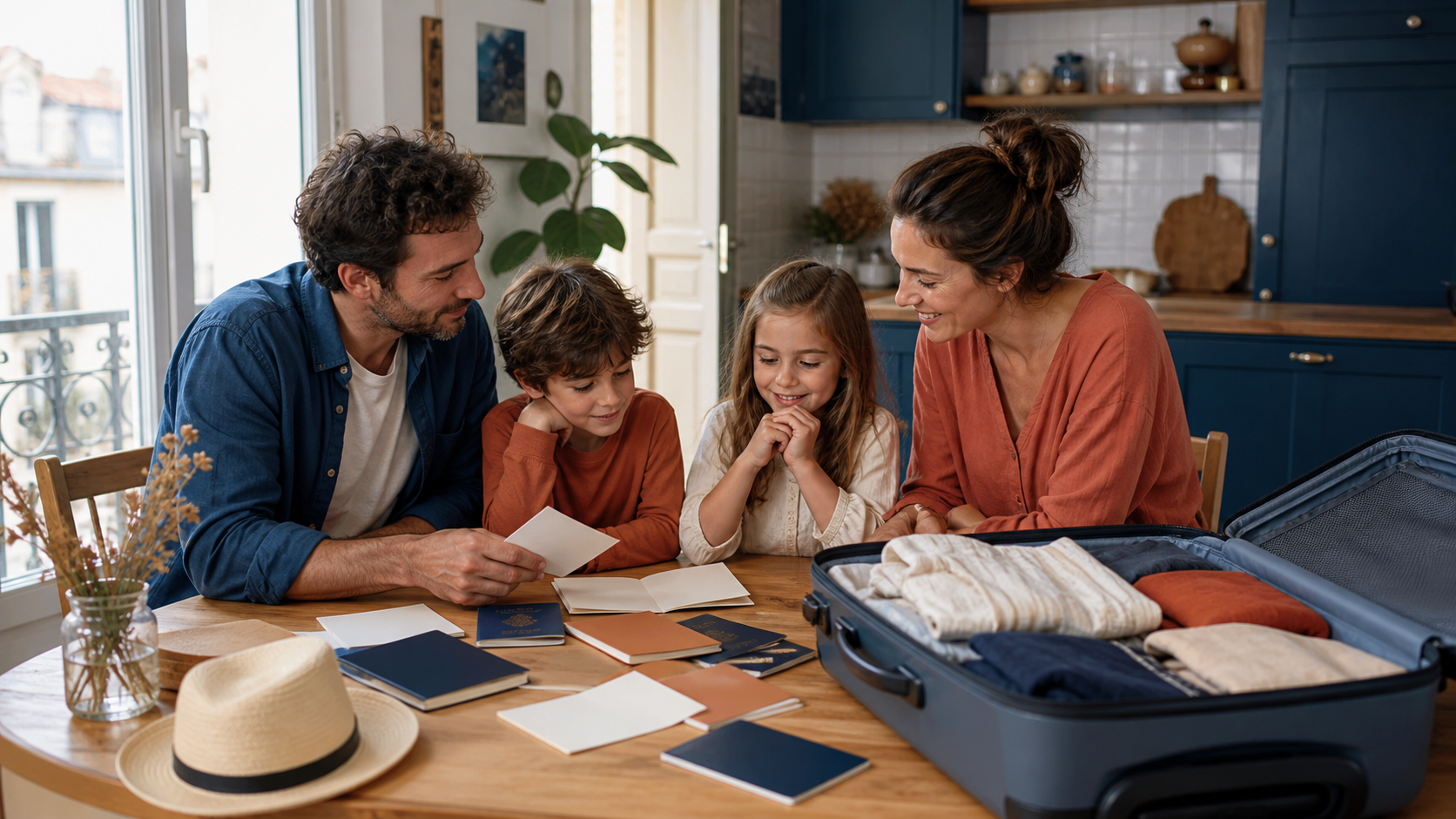 Famille préparant ses documents de voyage avant un départ à l’étranger