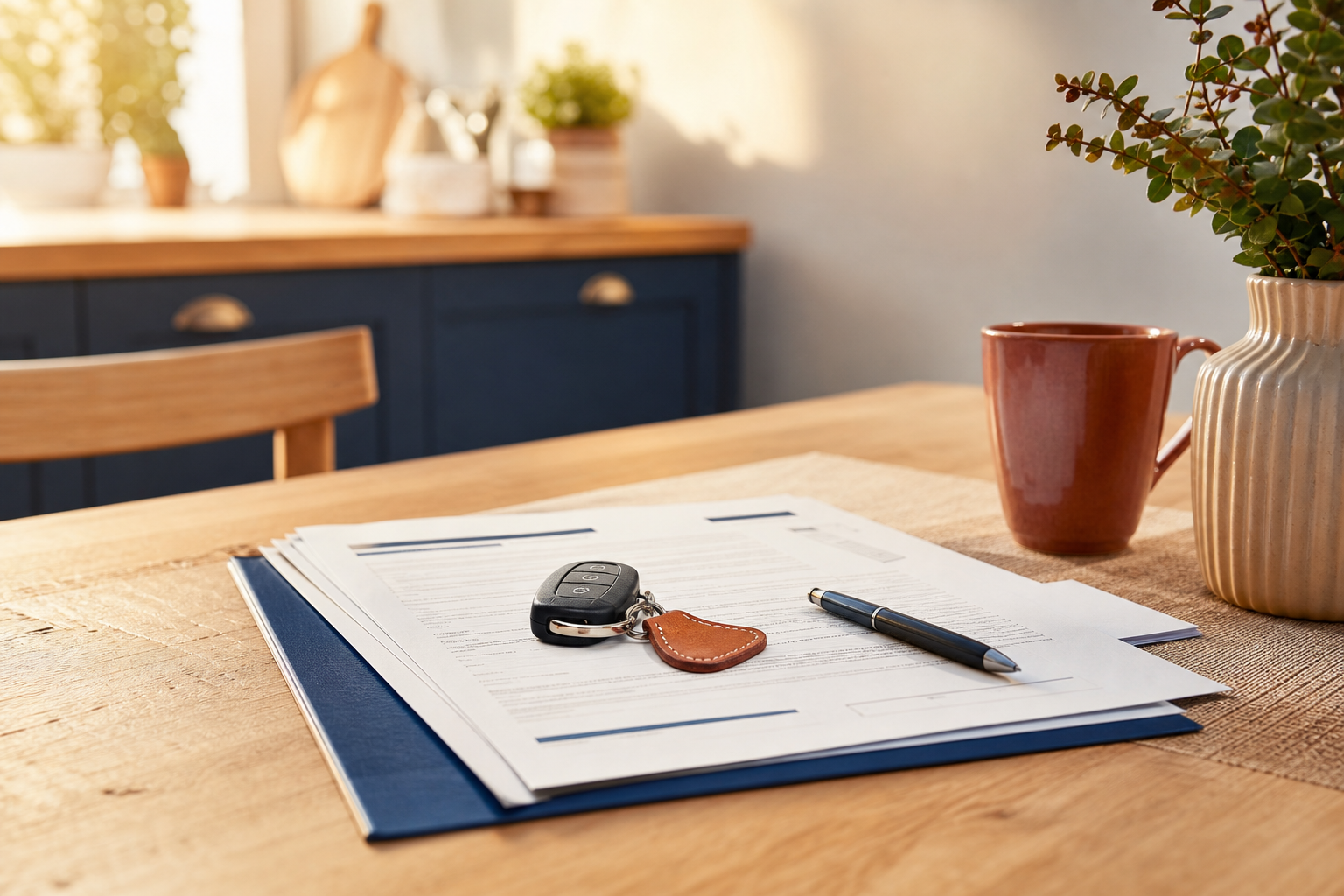 Contrat d’assurance auto et clés de voiture sur une table, ambiance éditoriale rassurante