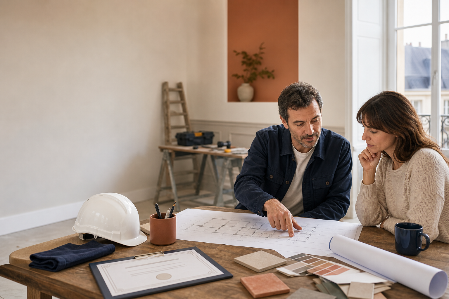 Professionnel du bâtiment présentant une attestation d’assurance décennale sur un chantier