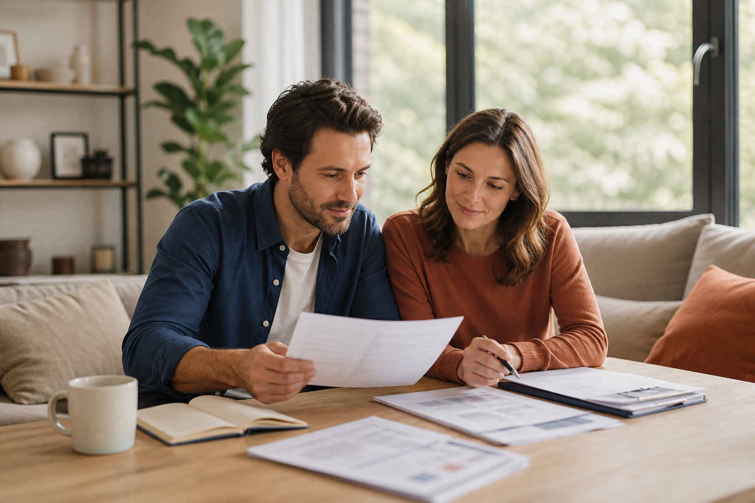Parents consultant un dossier de prévoyance familiale à domicile.