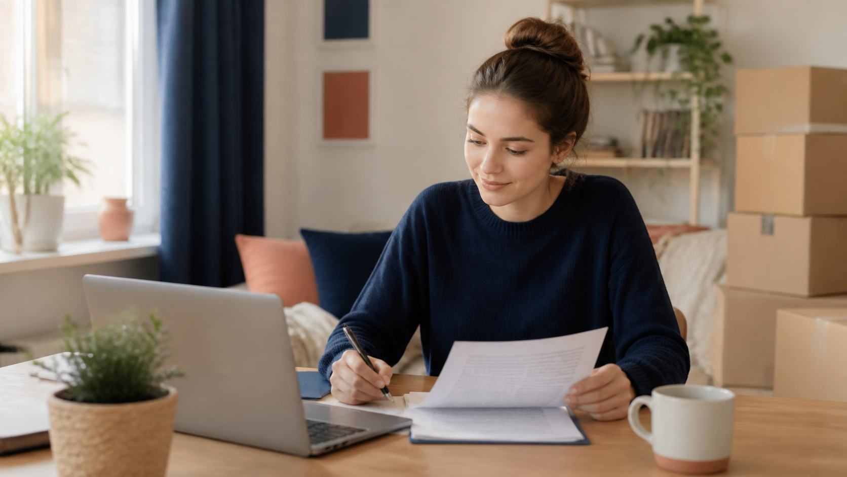 Étudiante dans un logement avec bail et ordinateur avant la rentrée