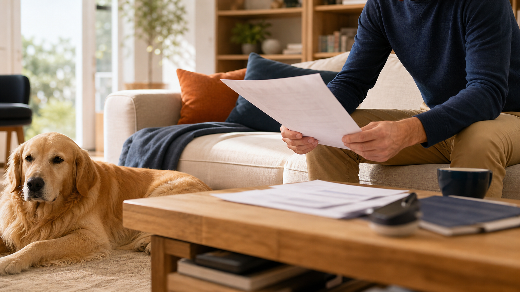 Chien calme dans un salon pendant la vérification d’un contrat d’assurance habitation.