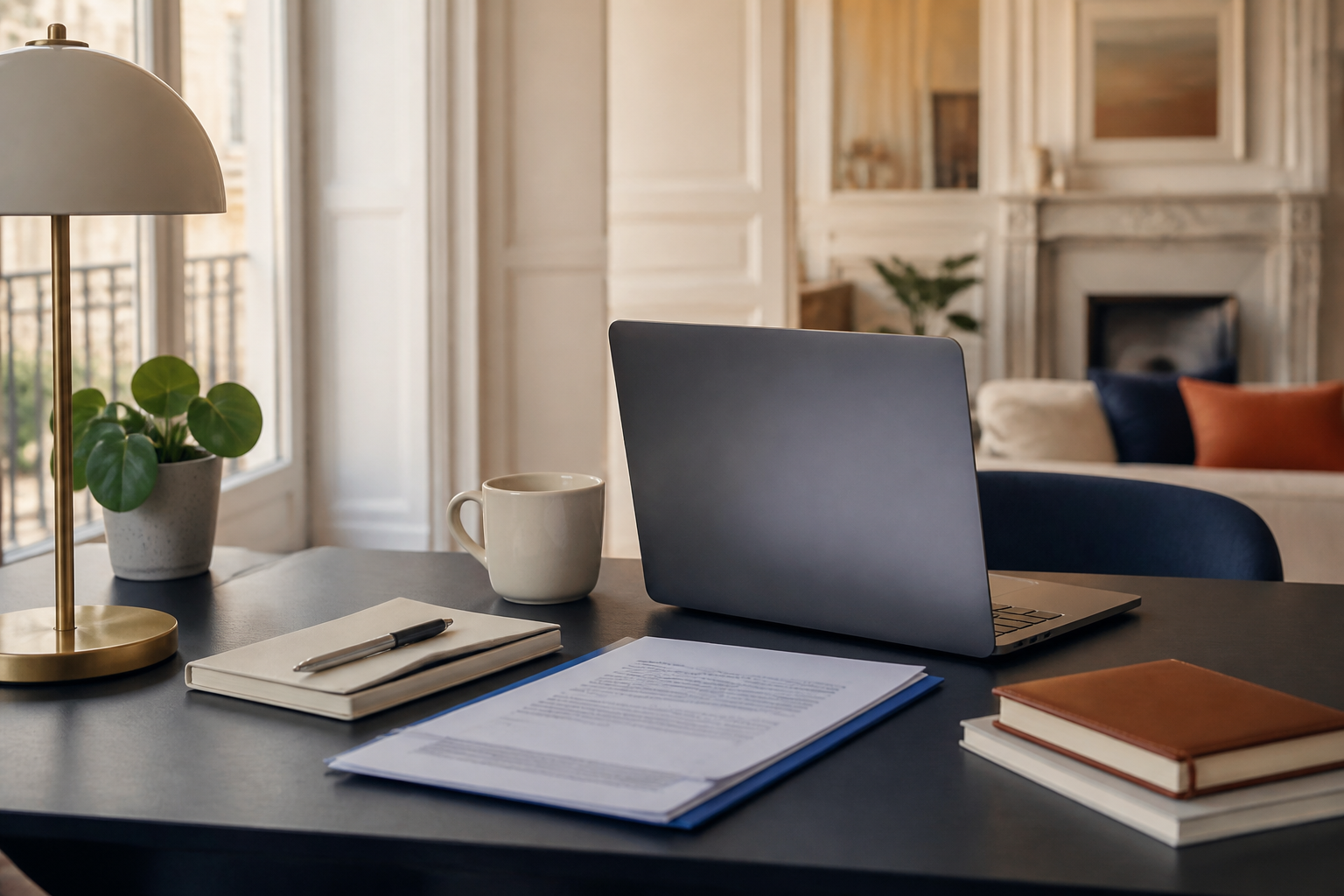 Bureau de télétravail à domicile avec ordinateur et documents d’assurance.