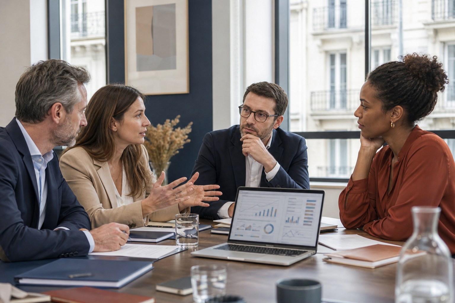 Professionnels du courtage d’assurance analysant une stratégie de distribution digitale