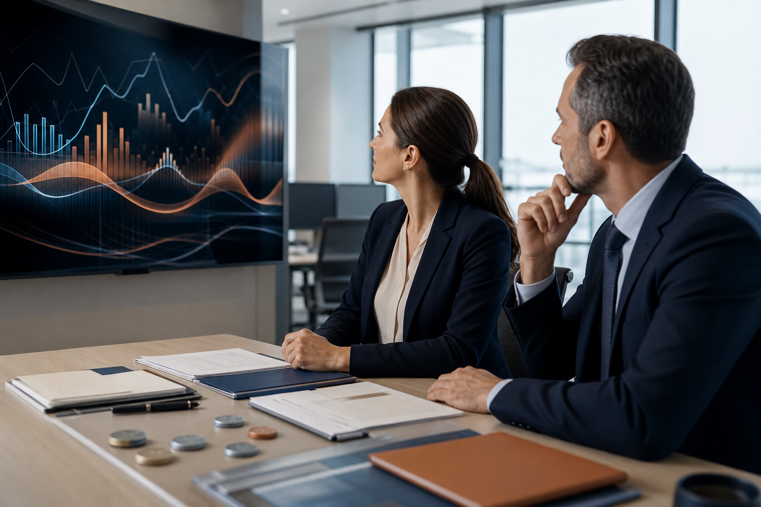 Professionnels bancaires analysant des marchés tokenisés et des dossiers de crédit