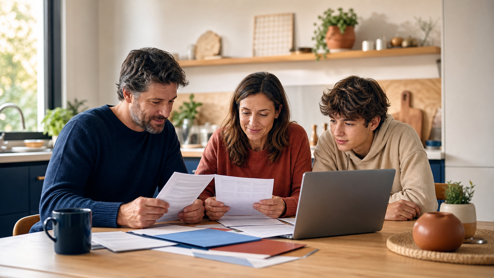 Famille vérifiant ses contrats pour un bilan assurance annuel avant la rentrée
