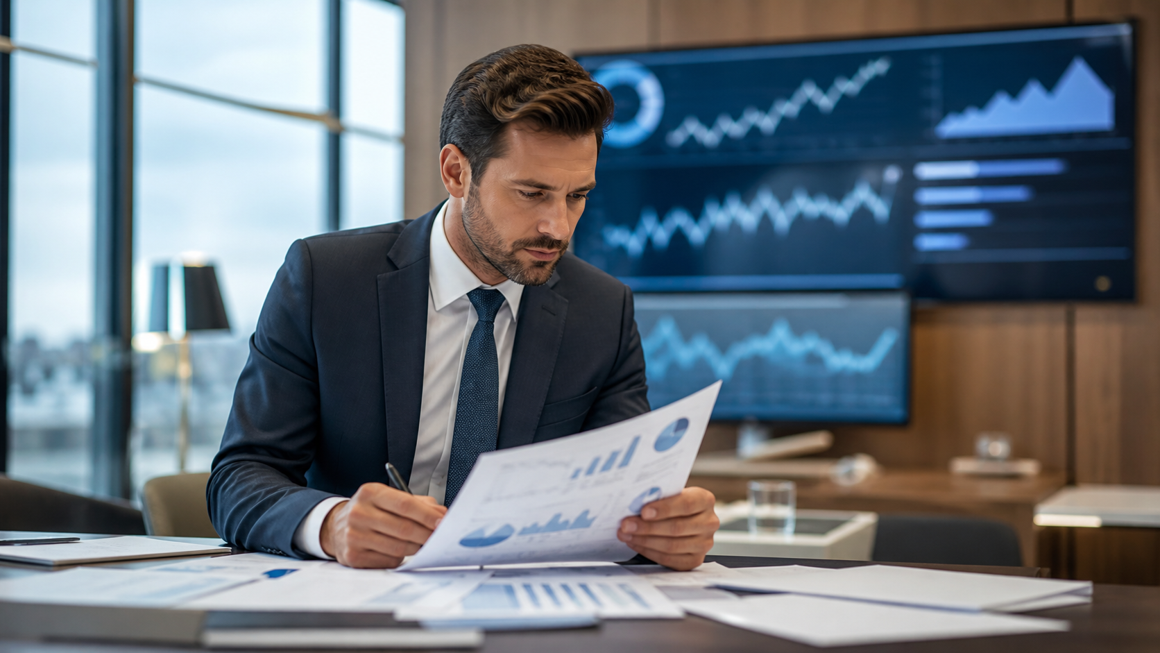 Professionnel analysant un portefeuille financier dans un bureau bancaire