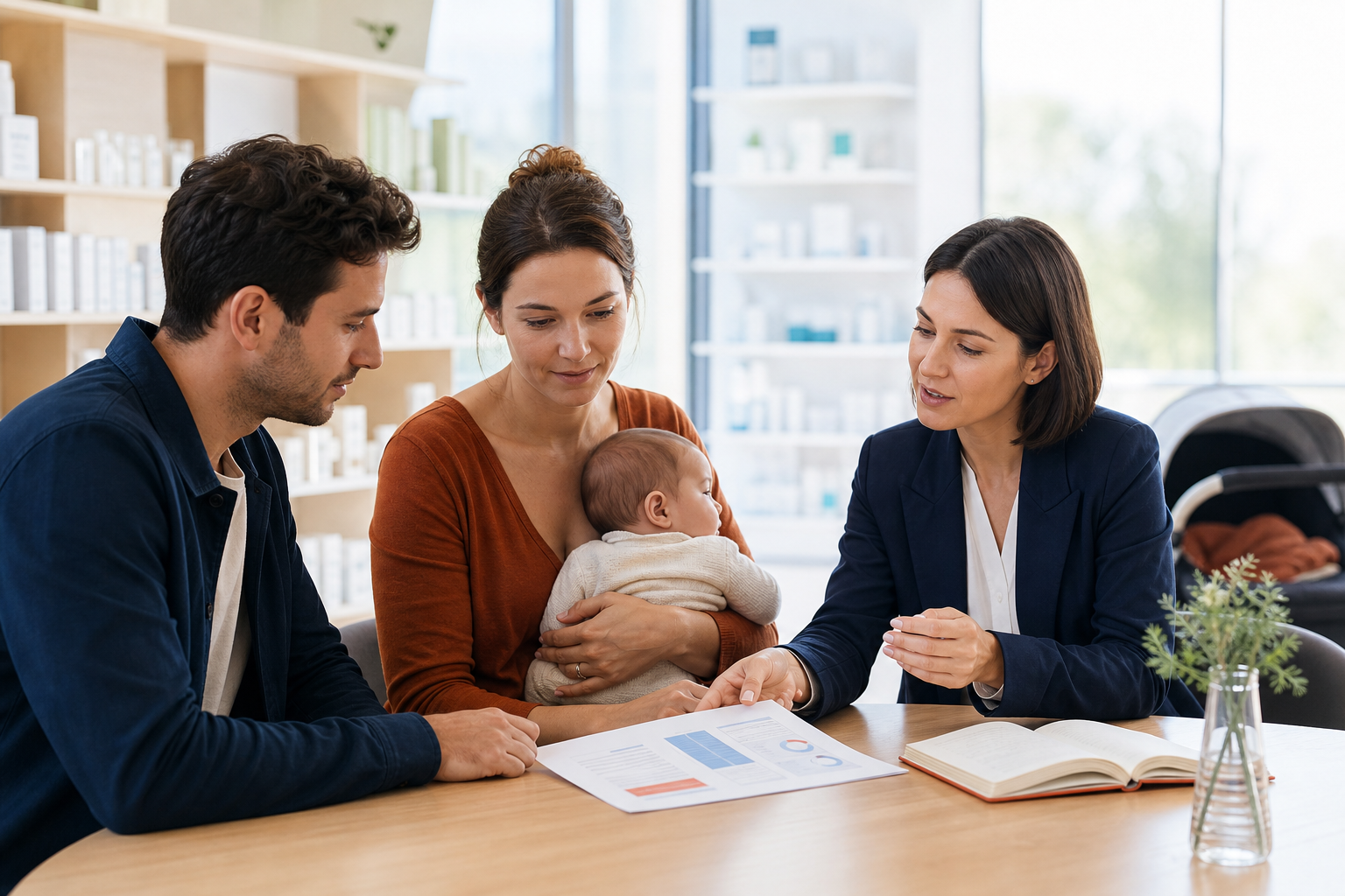 Parents consultant un dossier de remboursement santé pour prévenir la bronchiolite