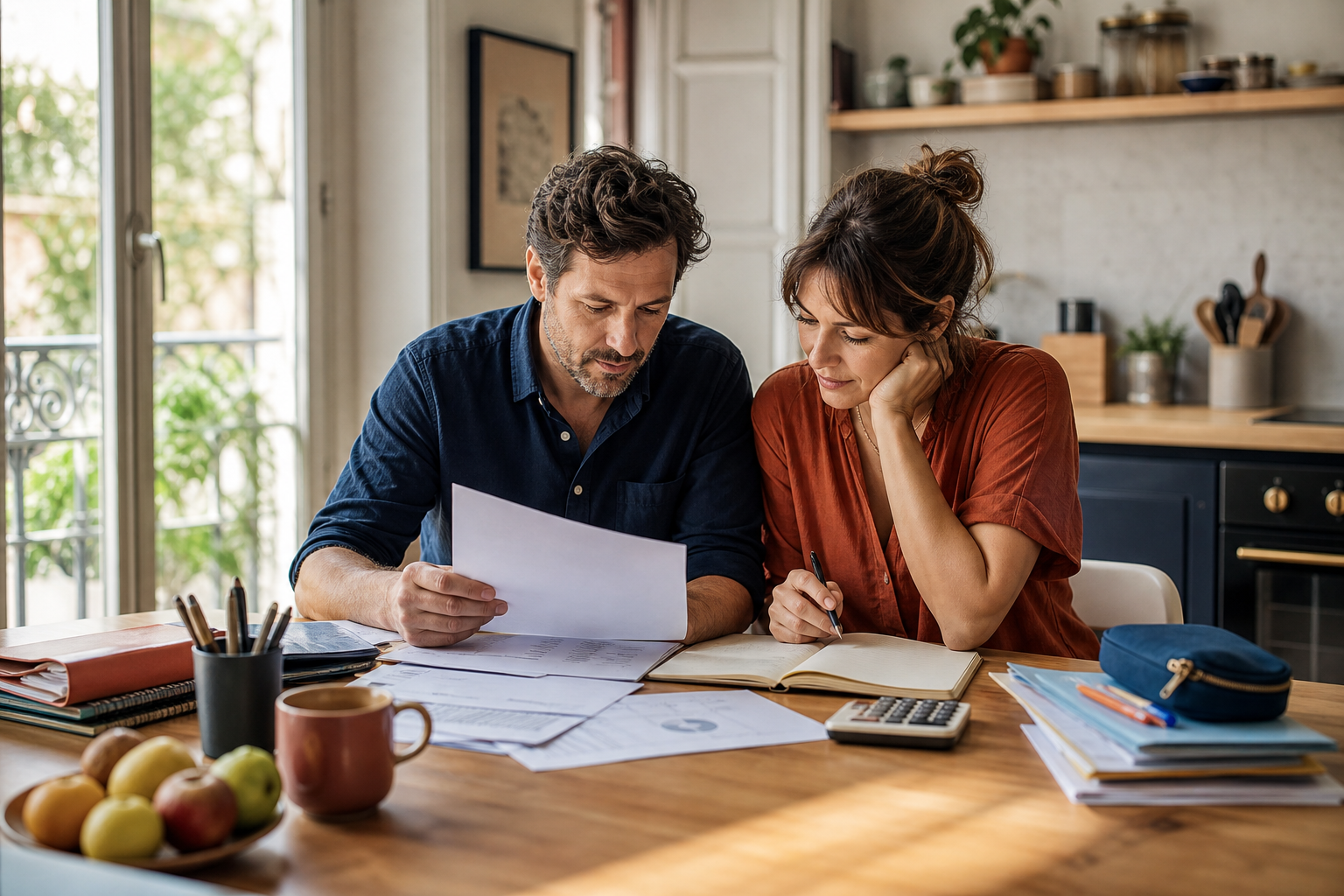 Couple préparant un dossier de crédit immobilier avec dépenses de rentrée et budget familial