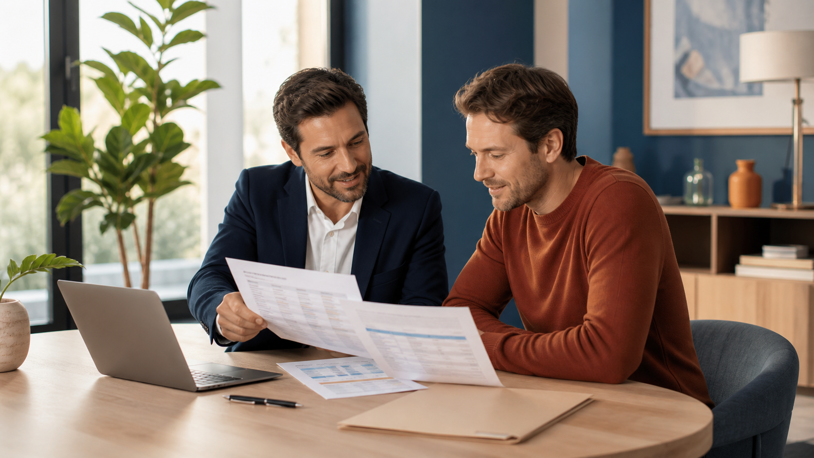Conseiller en crédit échangeant autour d’un dossier de financement immobilier.