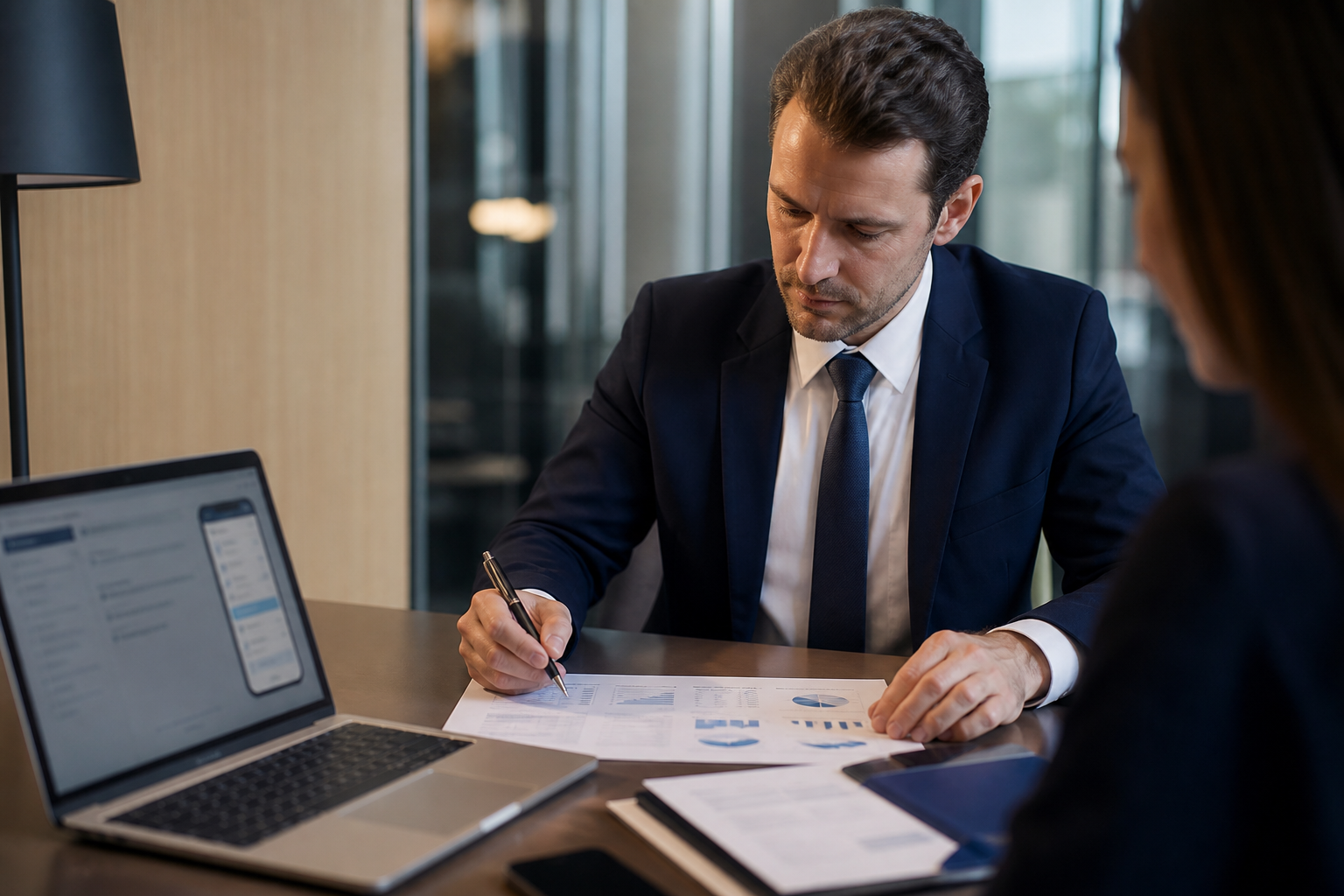 Conseiller financier analysant des documents de crédit dans un bureau bancaire moderne