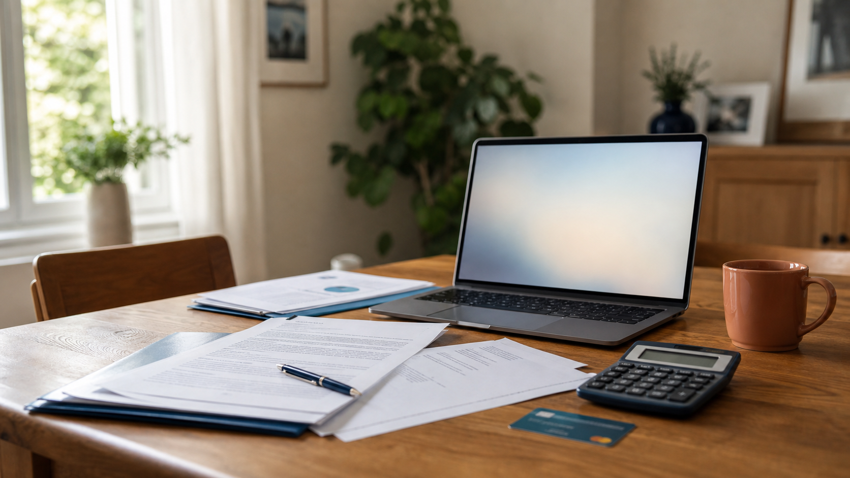 Documents de crédit à la consommation et budget familial sur une table, ambiance éditoriale chaleureuse.