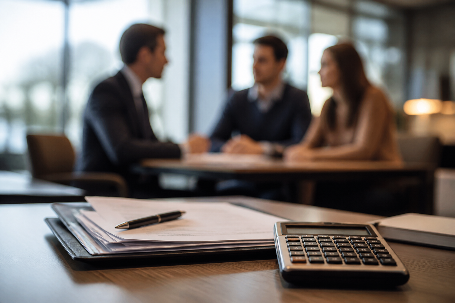 Conseil en crédit immobilier dans un bureau financier, dossier de prêt sur la table