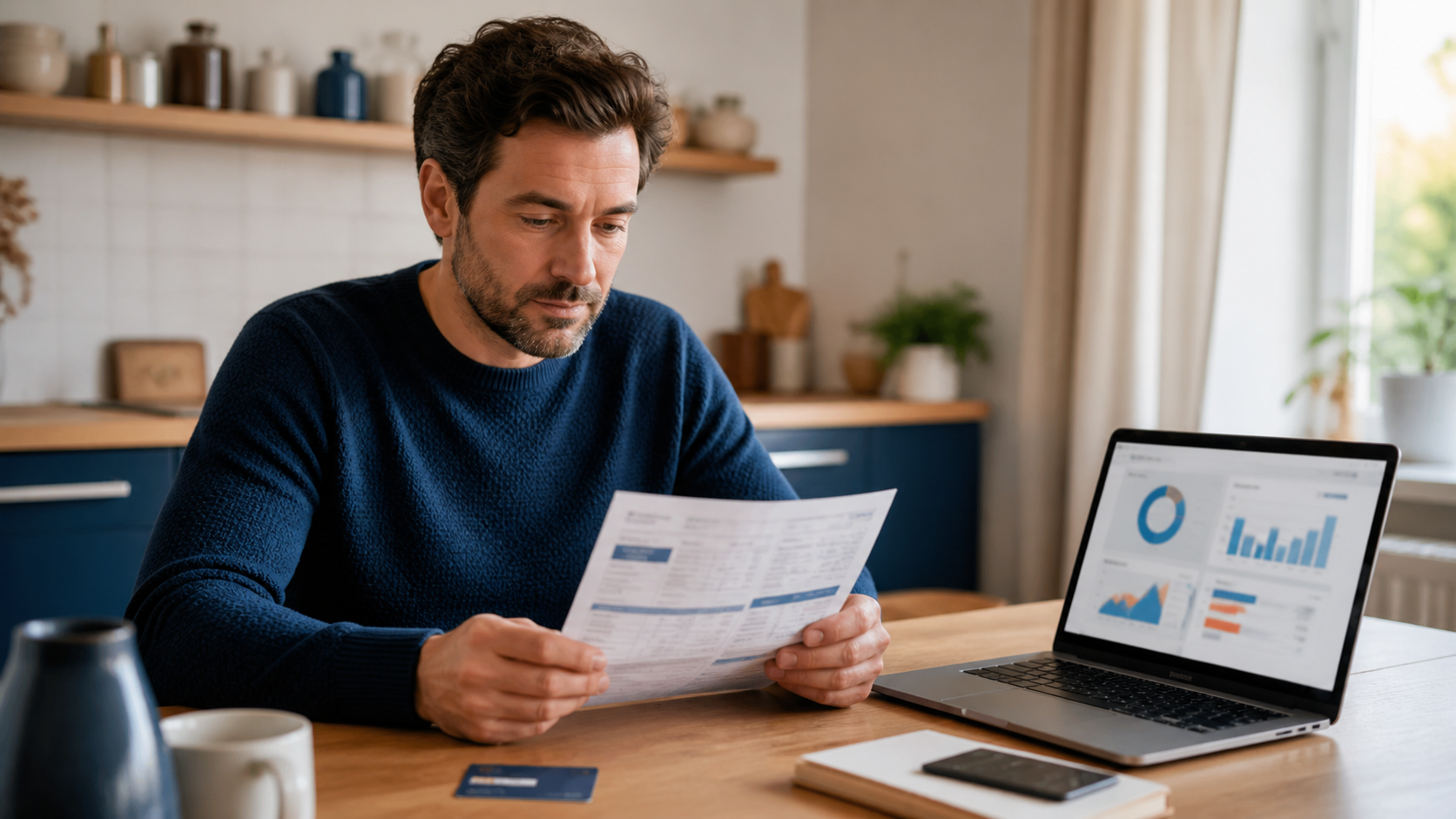 Budget familial avec relevé bancaire et carte de paiement pour suivre un crédit renouvelable.