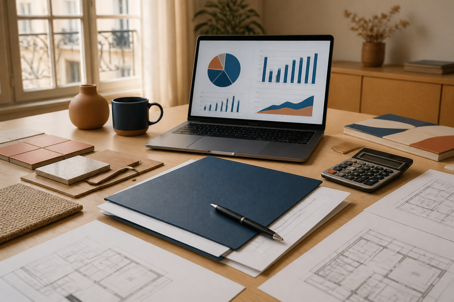Dossier de crédit travaux avec devis, plans et calculatrice sur une table.