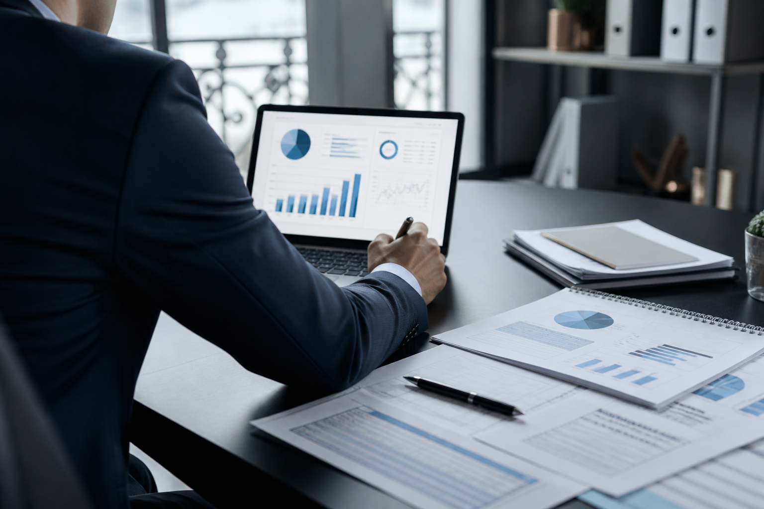 Conseiller finance analysant un dossier de crédit court terme pour PME