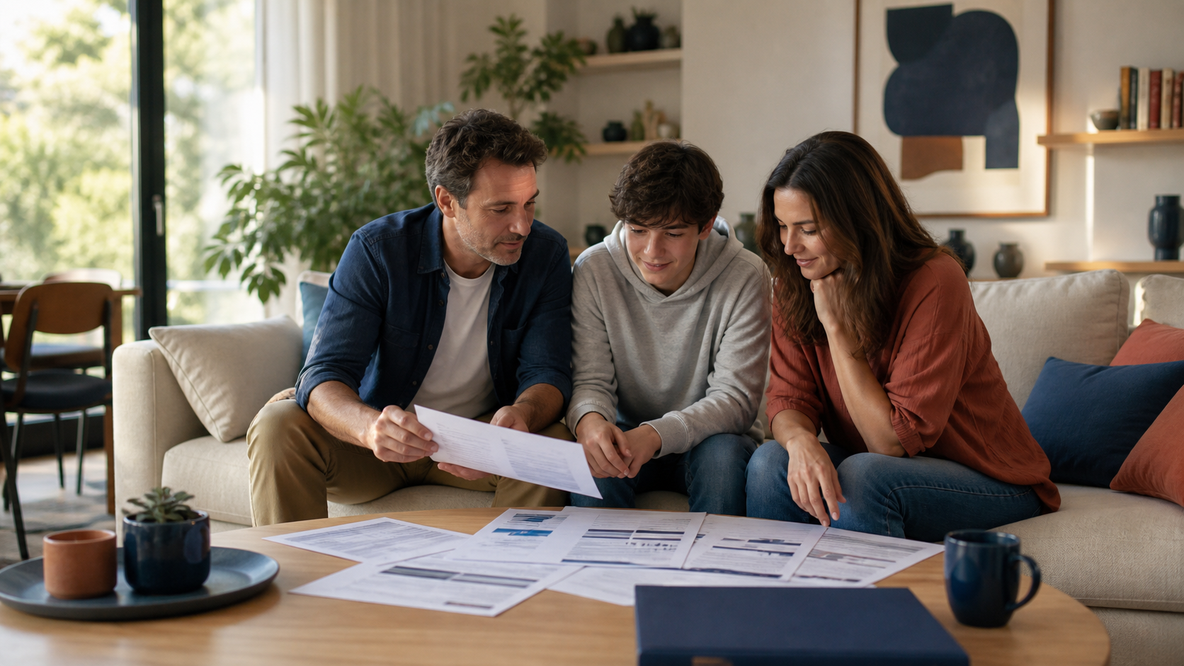 Famille comparant un contrat de mutuelle santé avant de vérifier un délai de carence