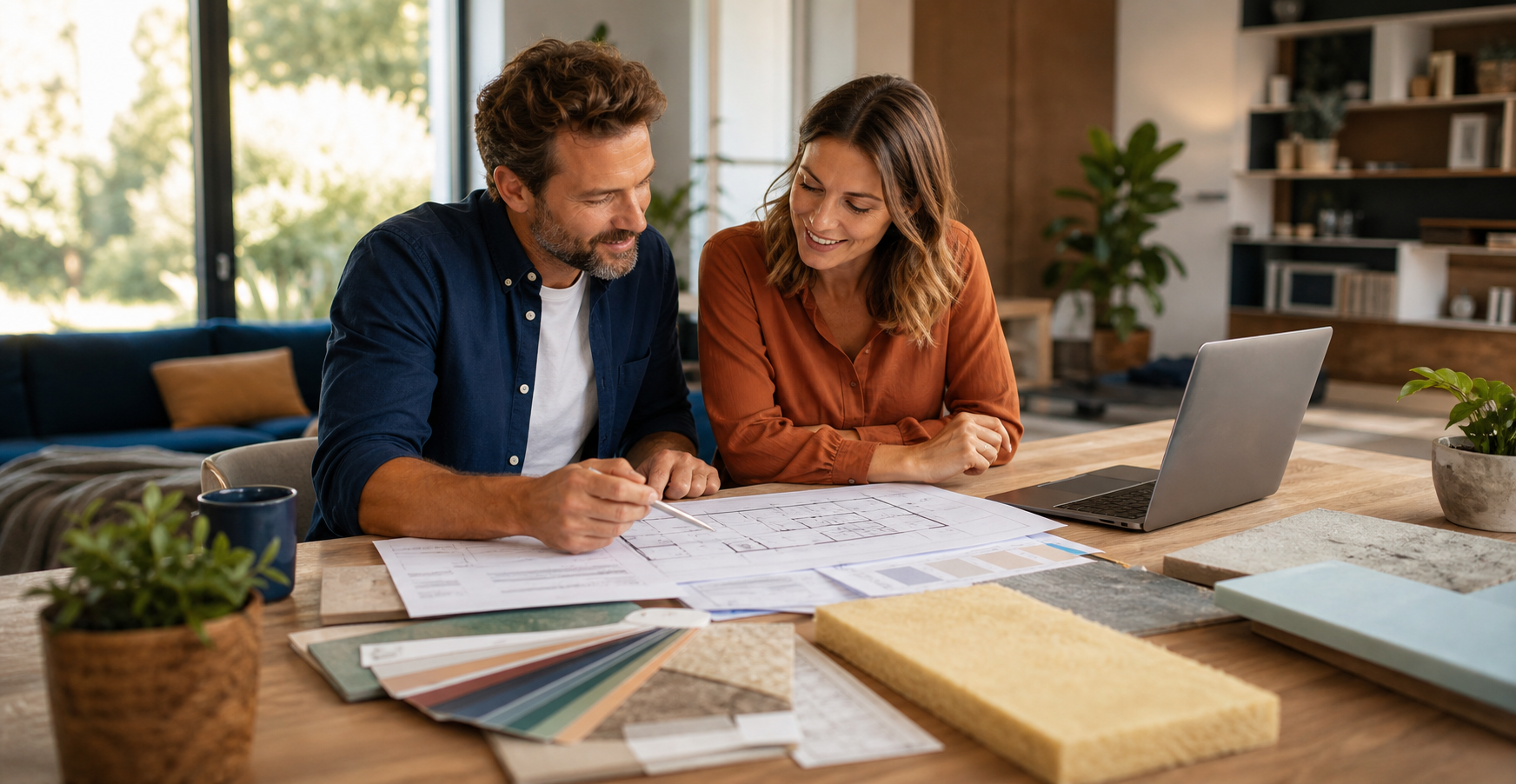 Propriétaires préparant un financement de rénovation énergétique avec éco-PTZ et crédit classique.