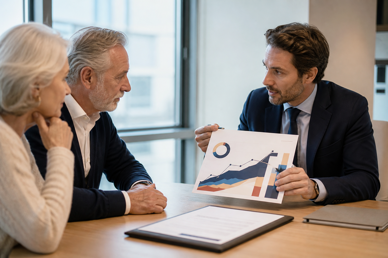 Conseiller en assurance-vie analysant un support de dette privée avec des épargnants dans un bureau lumineux.