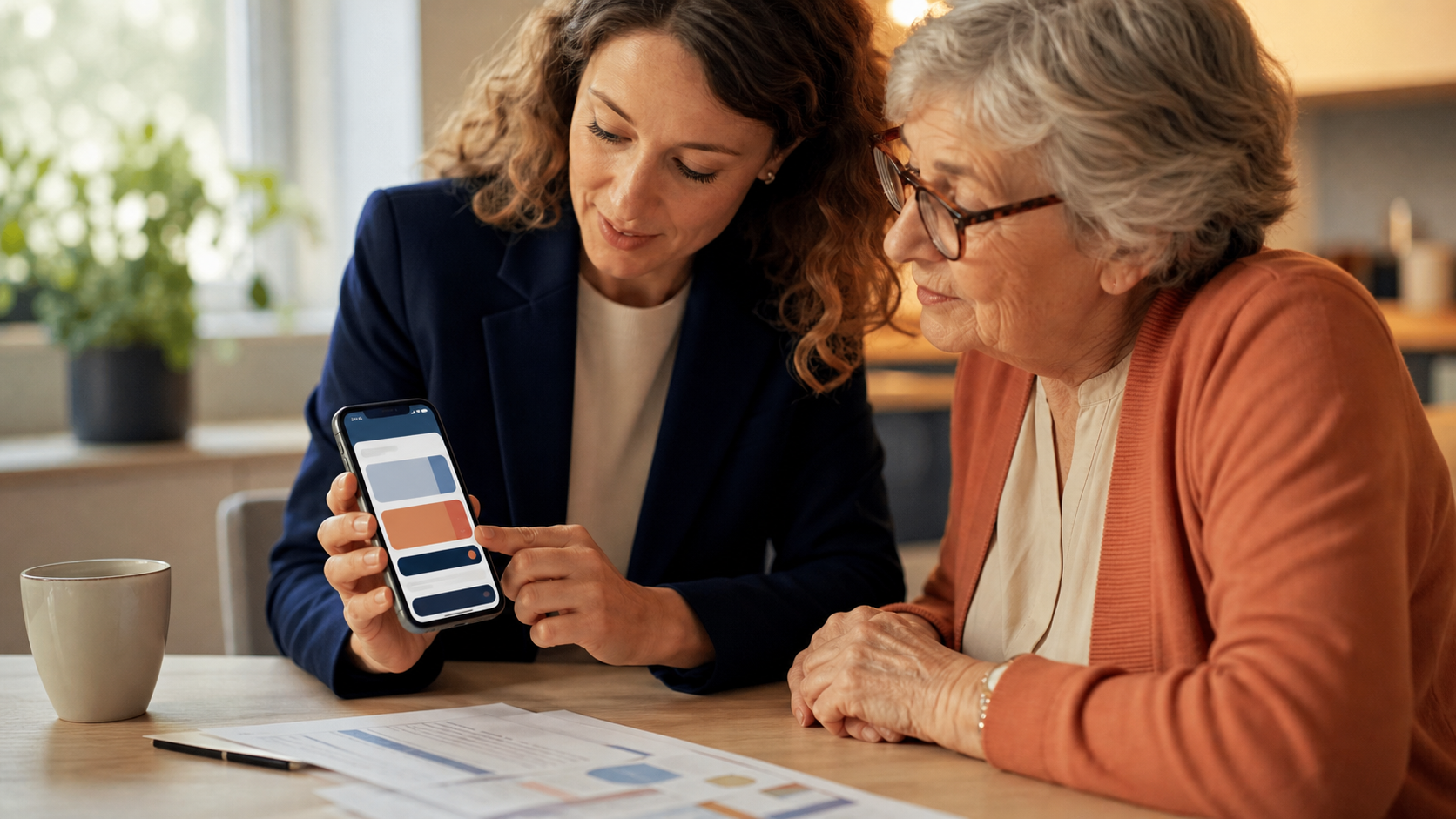 Personnes consultant une application de paiement accessible sur smartphone dans un intérieur lumineux.