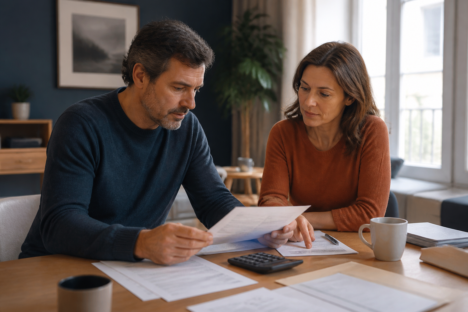 Deux adultes examinant un dossier de crédit immobilier lors d’une séparation.
