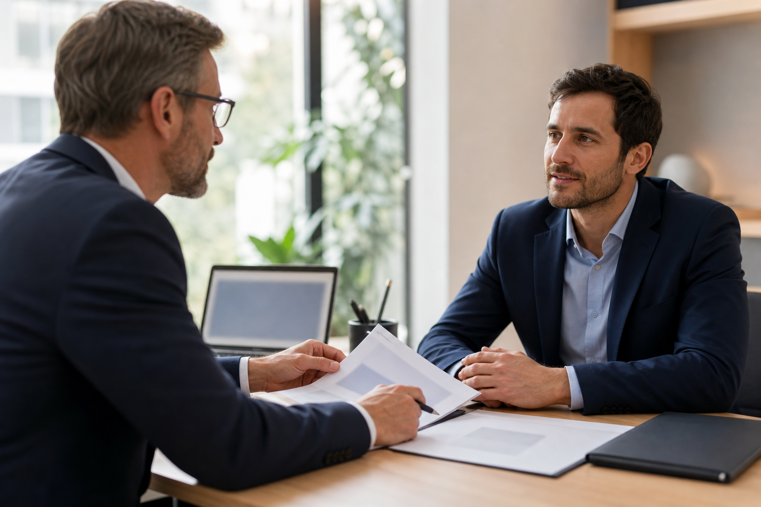 Conseiller et épargnant comparent un contrat d’assurance vie dans un bureau lumineux