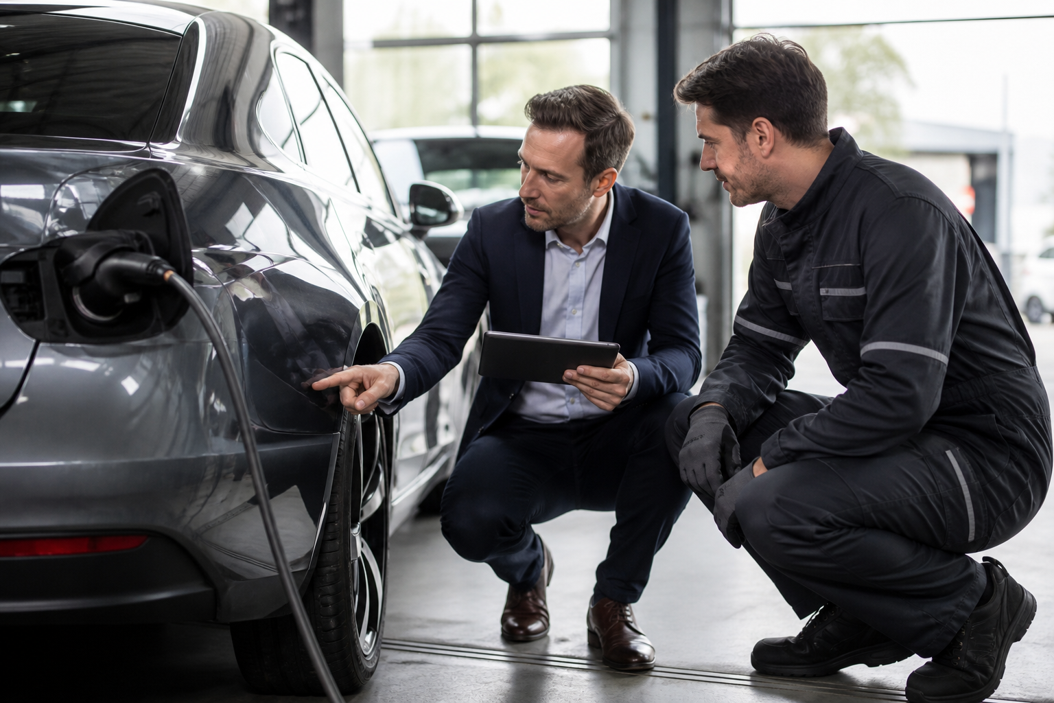 Voiture électrique dans un garage avec expert assurance examinant les réparations