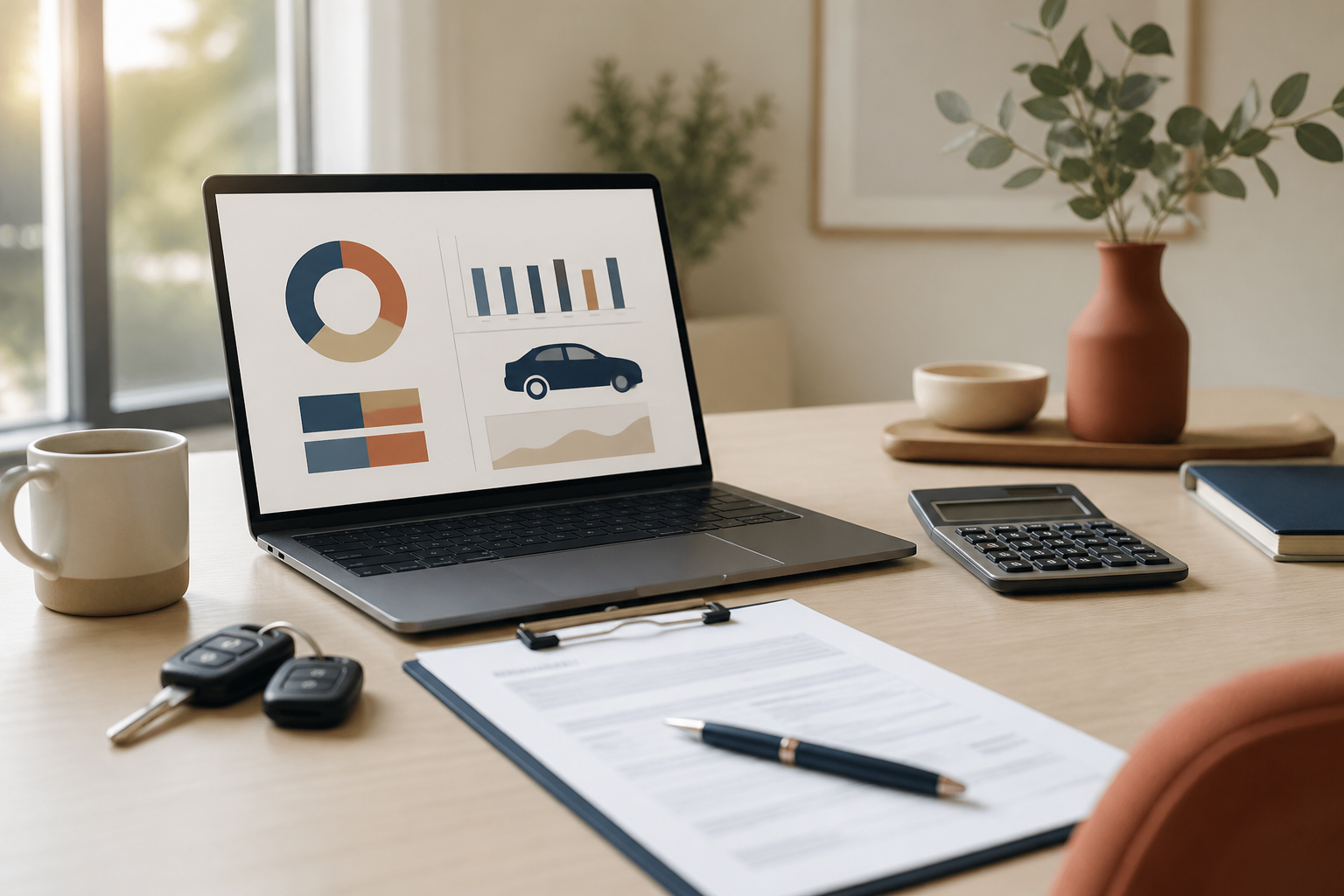 Clés de voiture et documents de financement pour comparer prêt auto, LOA et LLD.