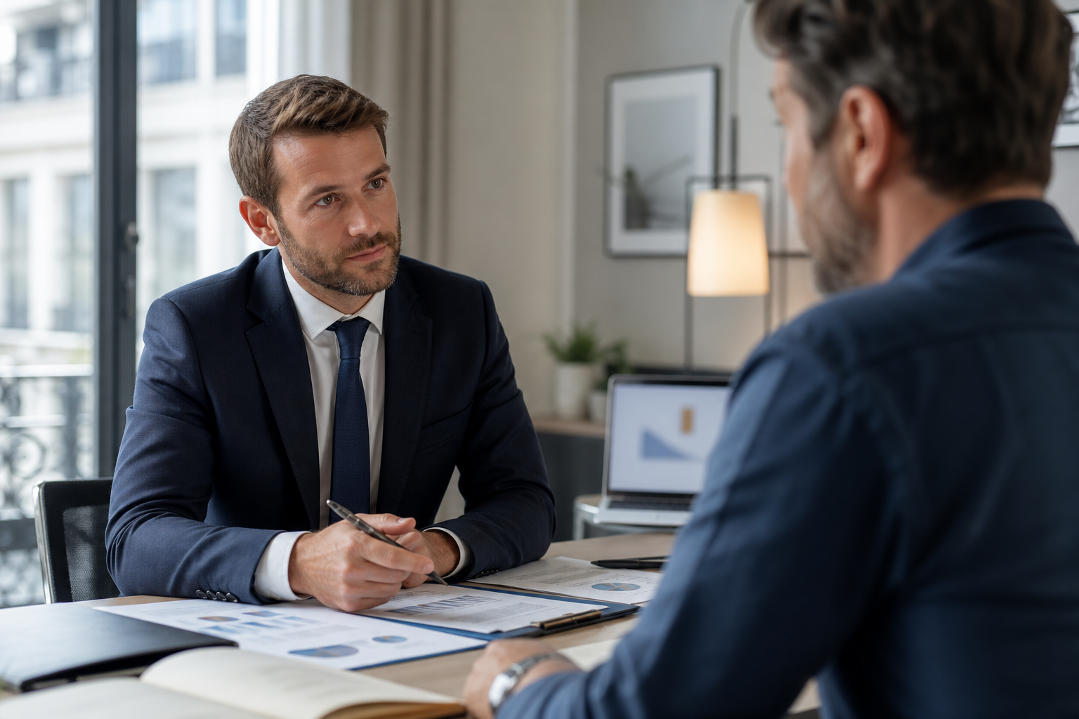 Conseiller et épargnant analysant un contrat d’assurance-vie dans un bureau lumineux