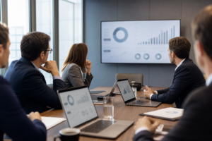 Professionnels de la finance analysant des risques liés à l’intelligence artificielle