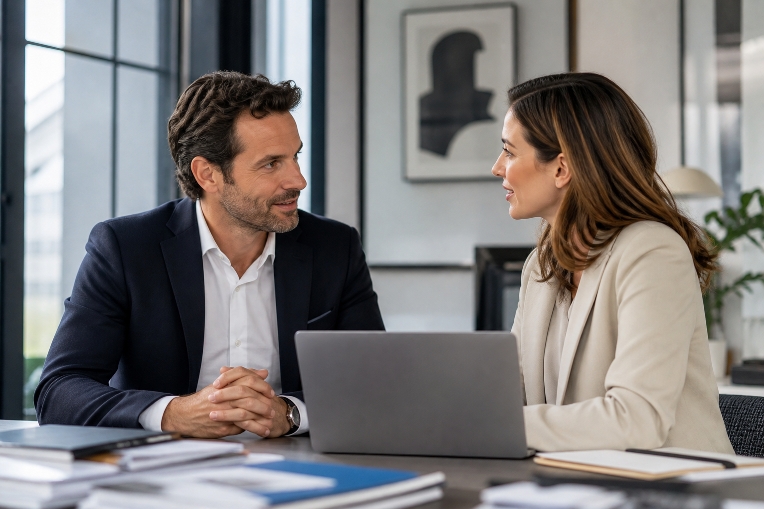 Travailleur indépendant échangeant avec une professionnelle de l’assurance