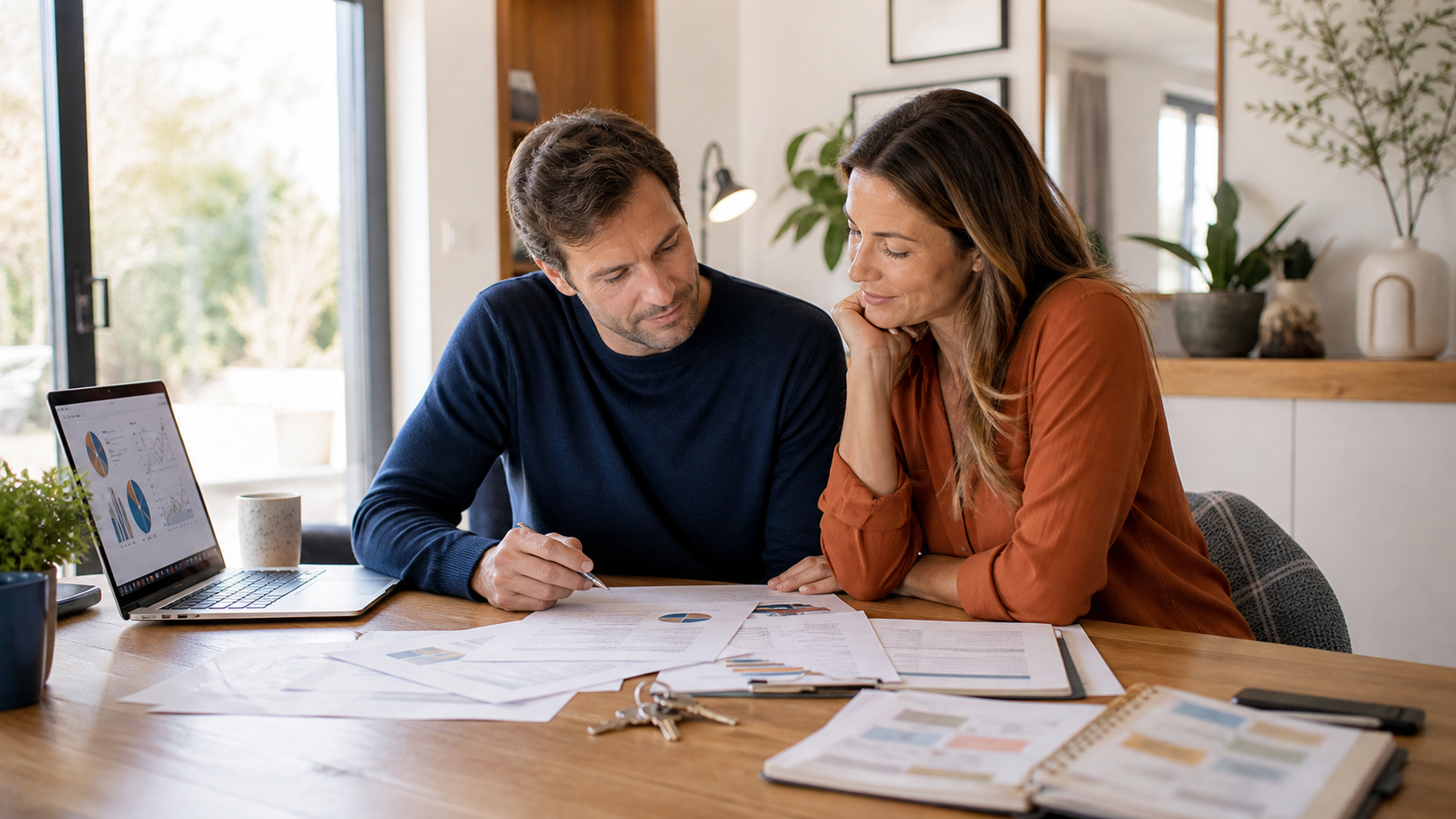 Dossier de prêt immobilier préparé avant la rentrée avec documents, clés et ordinateur sur une table.