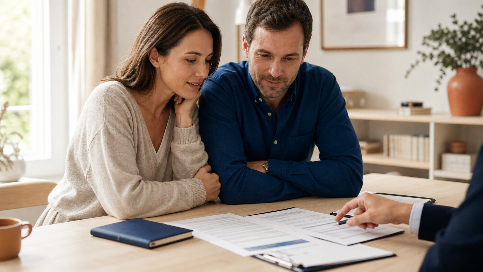 Couple consultant un dossier d’assurance emprunteur et de crédit immobilier