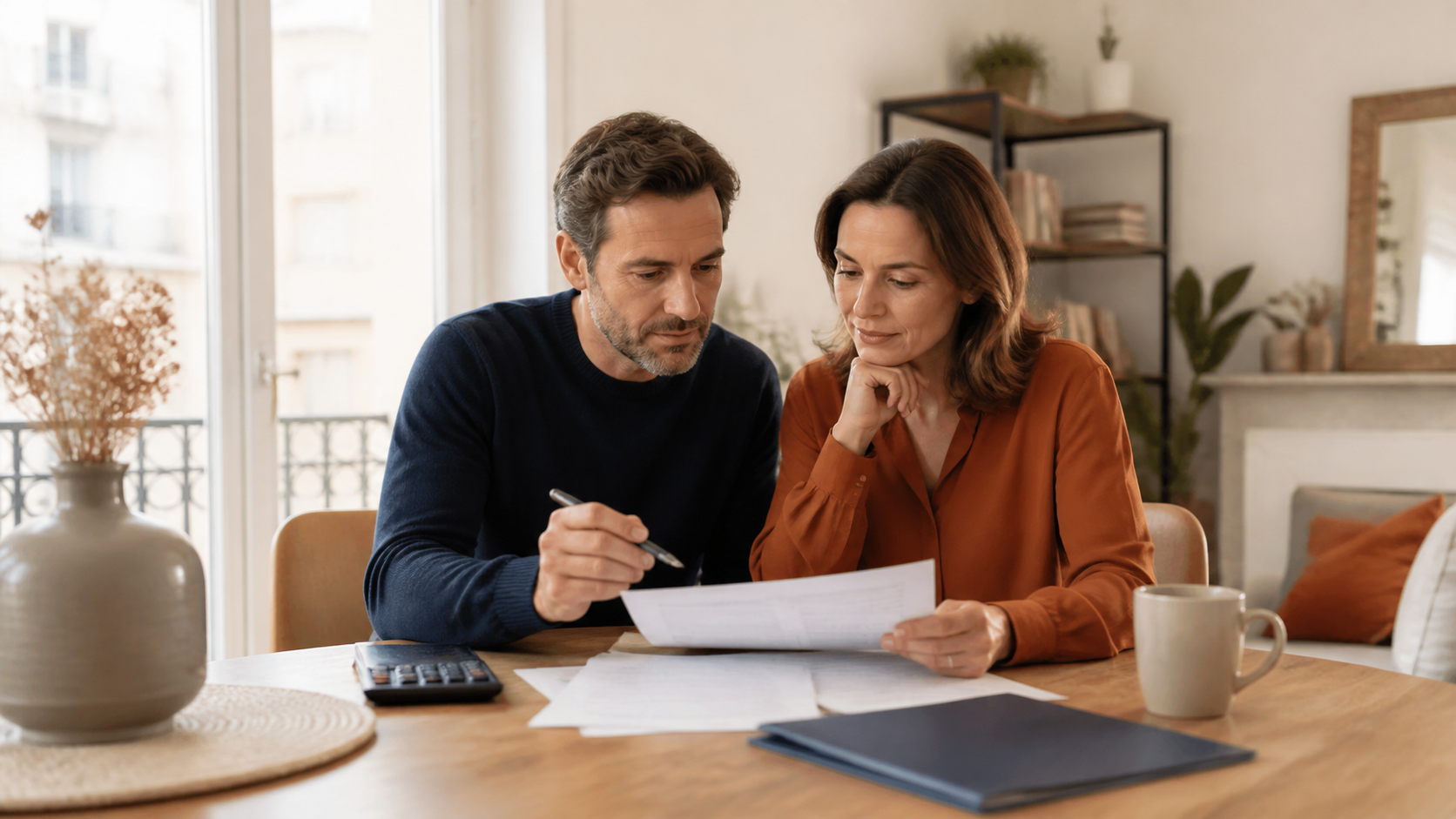 Couple relisant un contrat d’assurance emprunteur avant un crédit immobilier