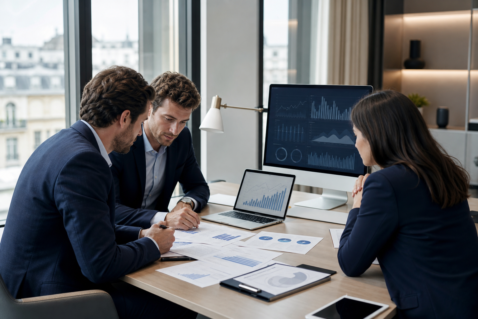 Professionnels de l’assurance analysant un dossier de souscription avec des outils numériques