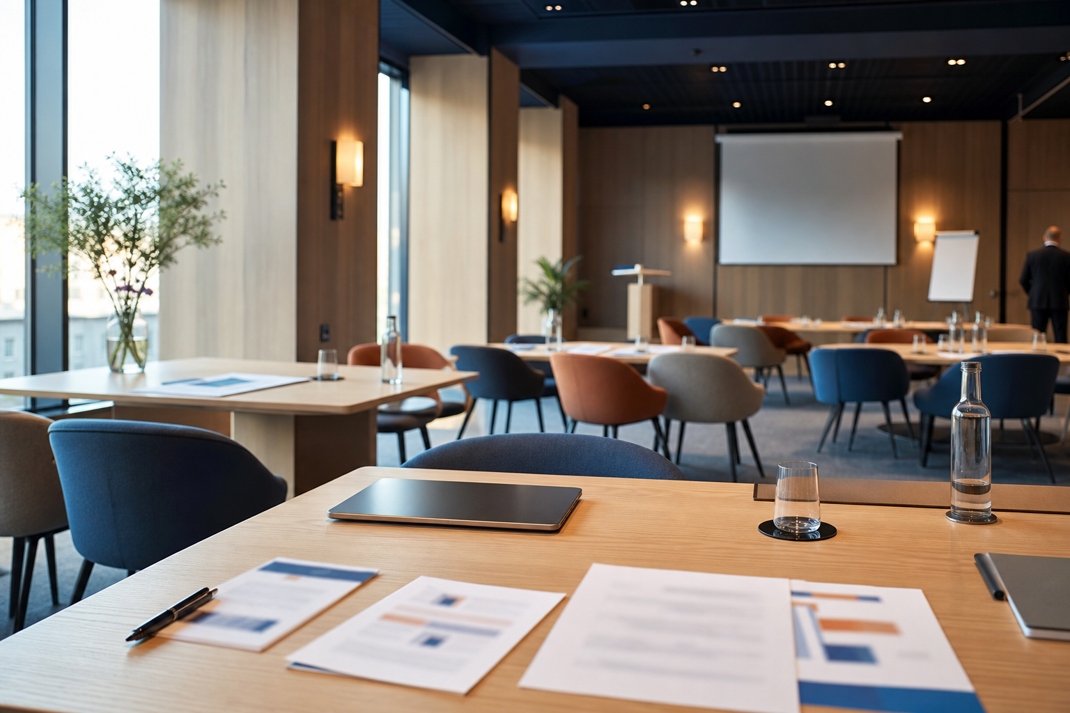 Salle de réunion professionnelle préparée pour un événement, avec dossiers d’assurance sans texte lisible.